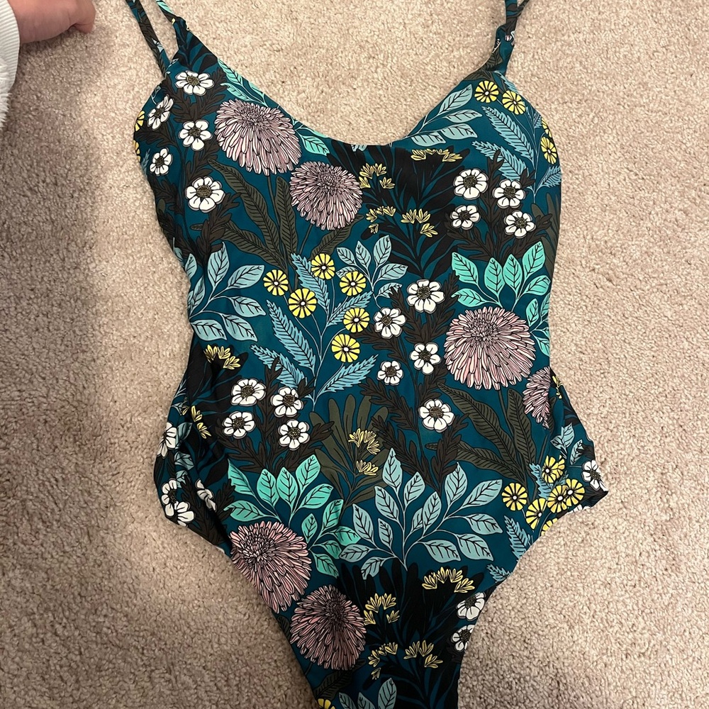 J. Crew Blue and Green One Piece Swimsuit with Tropical Floral Design